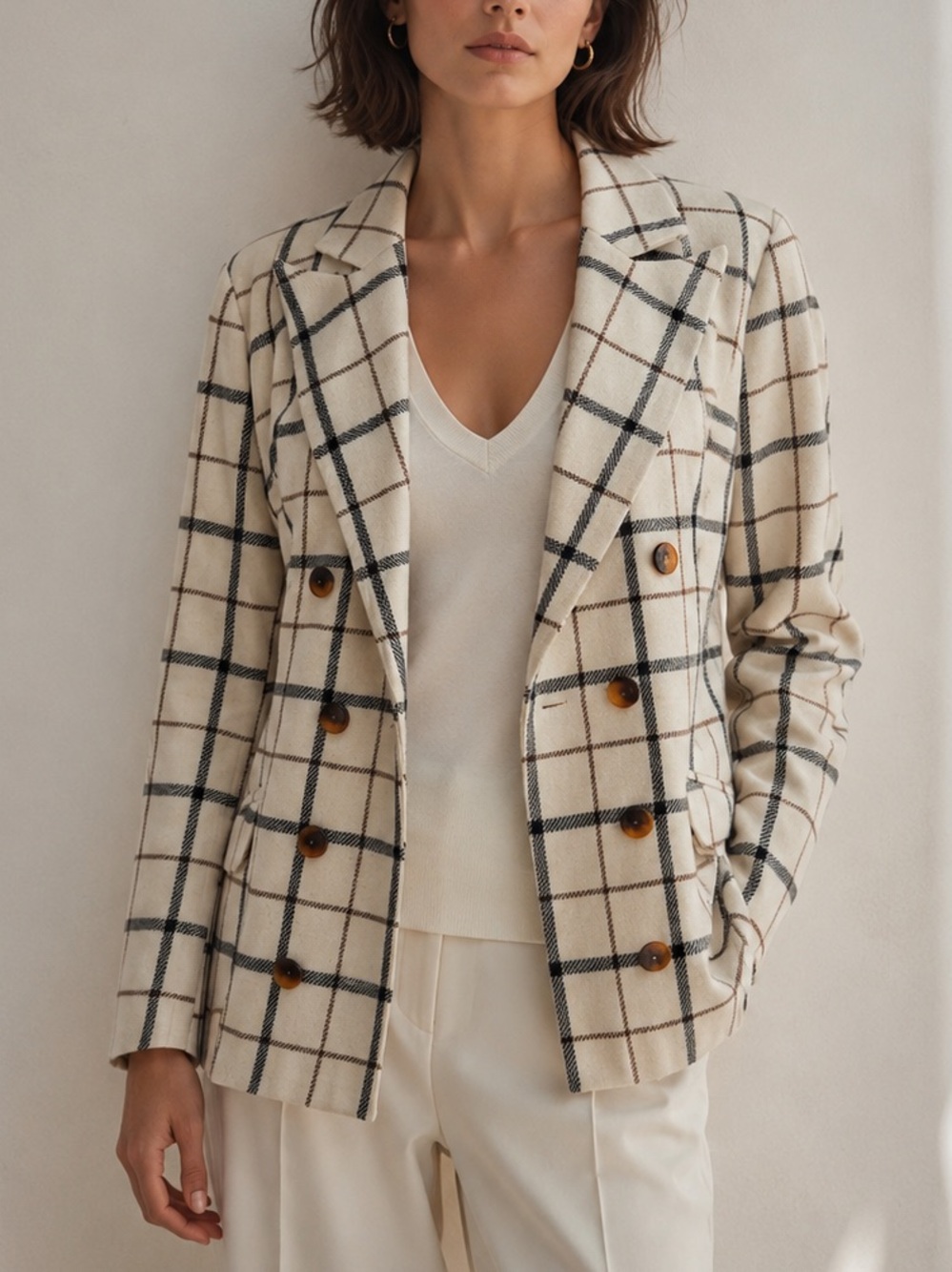 Vintage Made in France Plaid Double Breasted Blazer – Wool Blend Style – Size 40